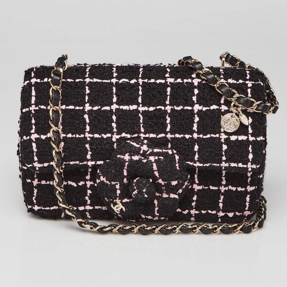 Chanel Black/Pink Wood Tweed Camellia Small Flap Bag - Picture 1 of 11
